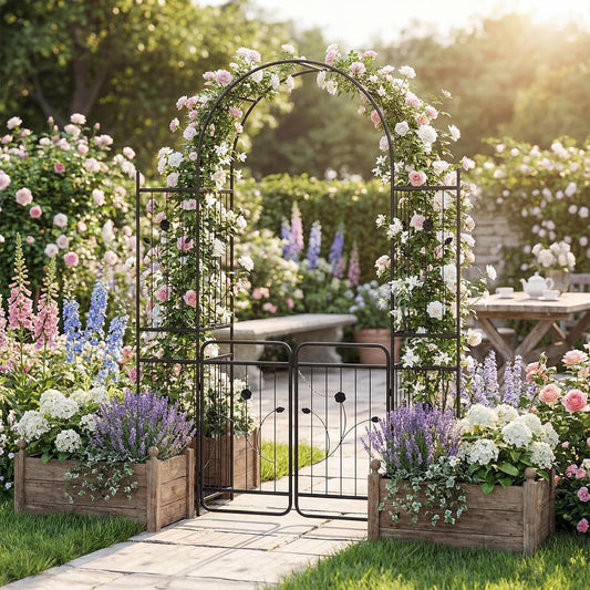 87-Inch Metal Garden Arch with Lockable Gate, Side Shelves, Black