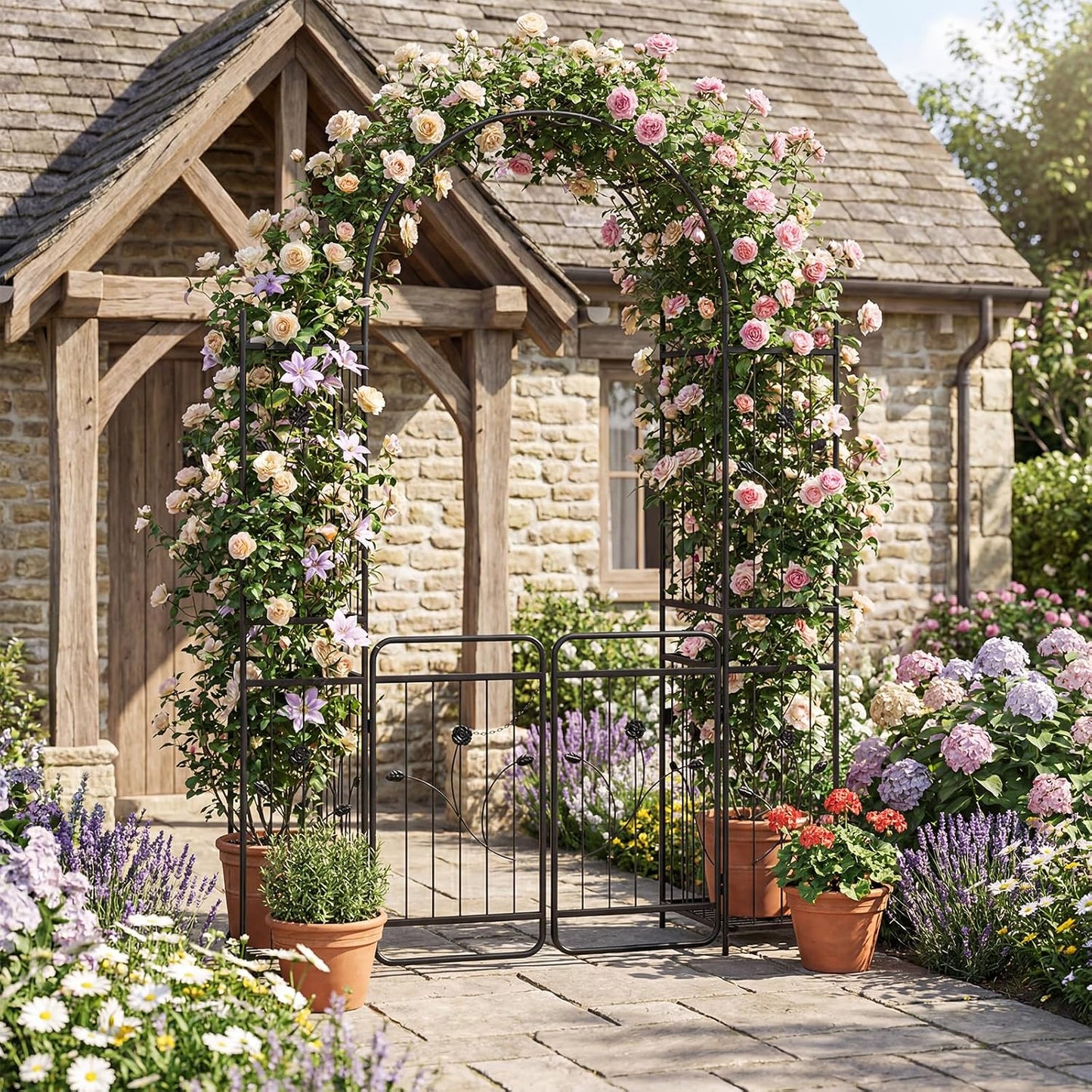 87-Inch Metal Garden Arch with Lockable Gate, Side Shelves, Black