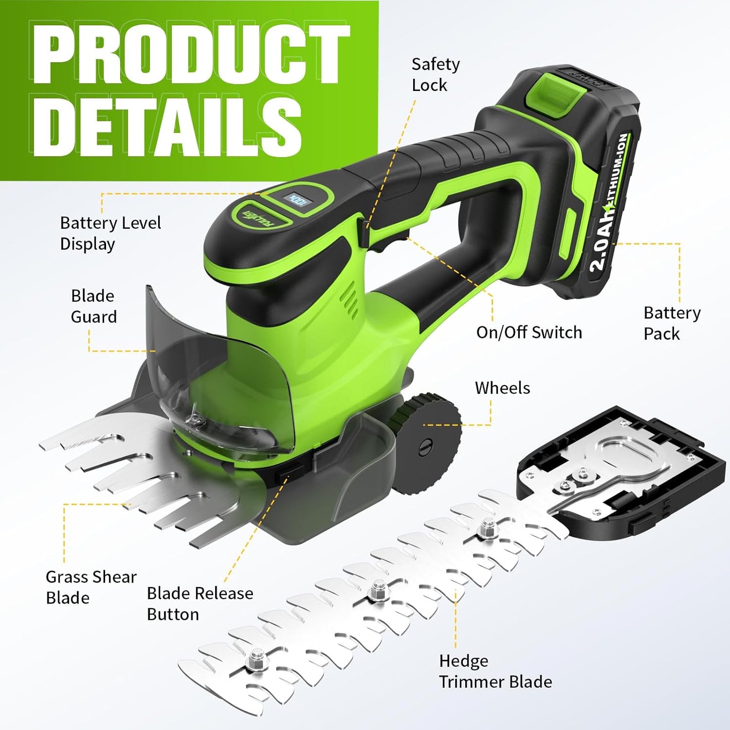 2-in-1 Hedge Trimmer Cordless, Electric Bush Trimmer & Hedge Shears, Lightweight Grass Cutter with 2 * 2.0Ah Batteries & Charger, Battery Grass Trimmer, Handheld Shrub Trimmer Garden Tools