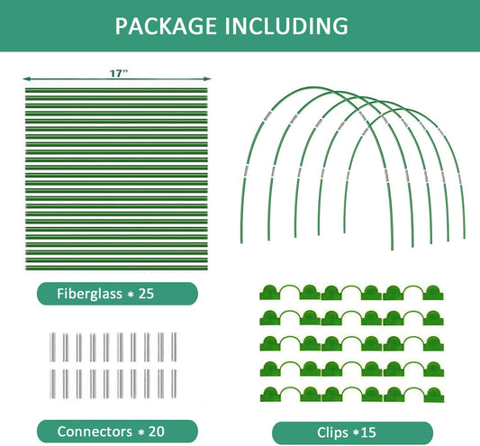 Garden Hoops for Raised Beds, 25pcs Greenhouse Hoops,Fiberglass 2- 8ft, Garden Tunnel with 15 Clips, Detachable Hoop House Frame for Row Cover,Garden Netting, Plant Covers