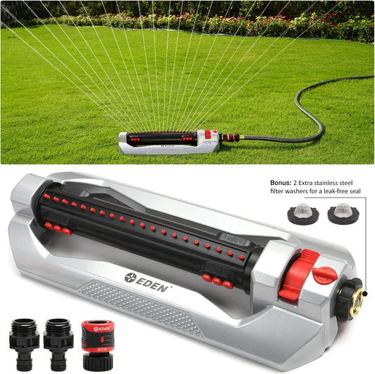 96216 Heavy Duty Turbo Oscillating Sprinkler, Covers Up to 4,900 sq. ft., 20 Precision Nozzles, Aluminum Base, Flow and Width Control, Adjustable Range, Quick Connects, Filters