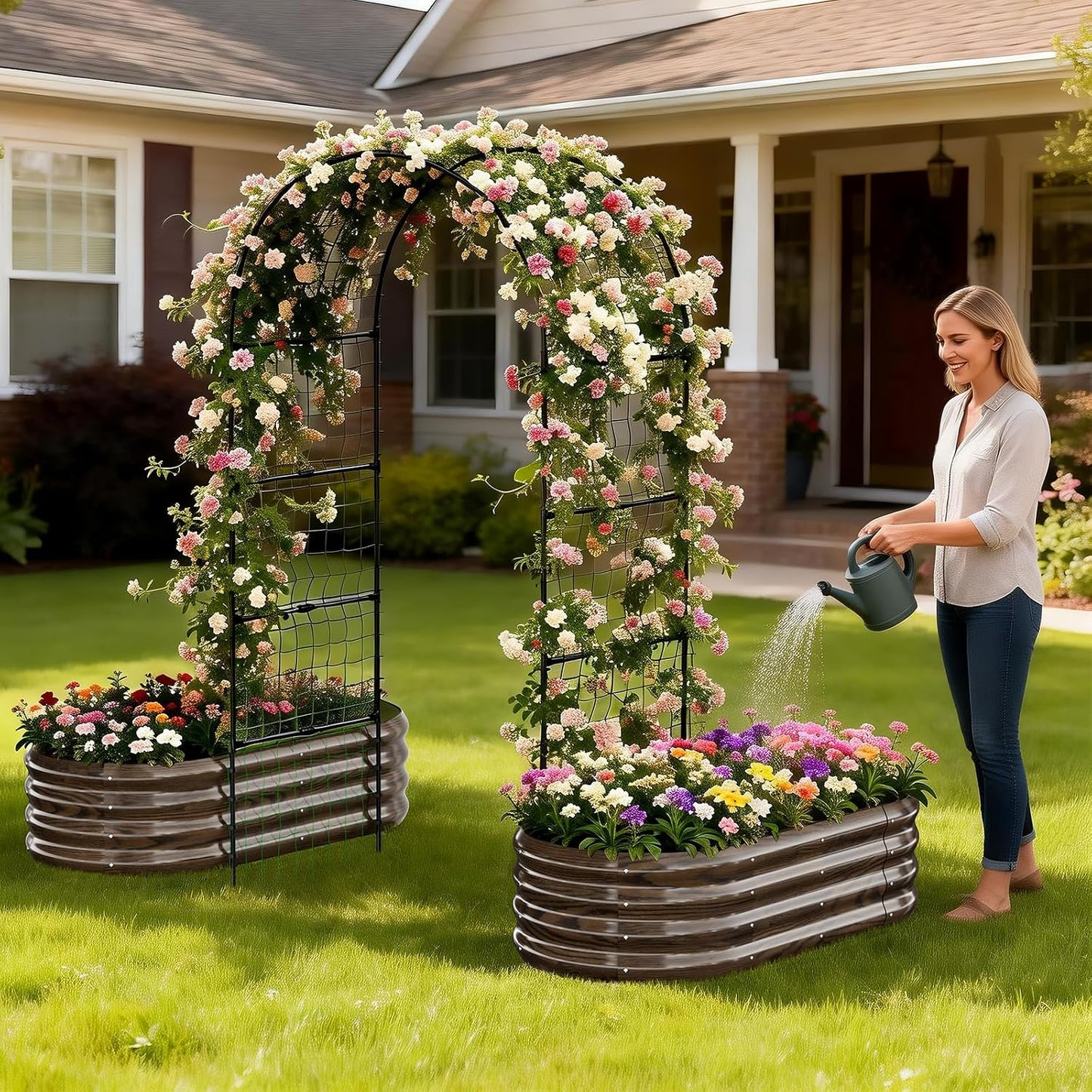 3 in 1 Galvanized Raised Garden Bed with 87" H Arch Trellis
