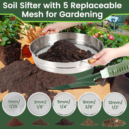 Large 14.57" Soil Sifter with 5 Interchangeable Stainless Steel Mesh Screens (1/3/6/9/12mm) + Stainless Steel Hand Trowel + Galvanized Garden Sieve for Compost, Sand, Gravel & Cat Litter (Silver)