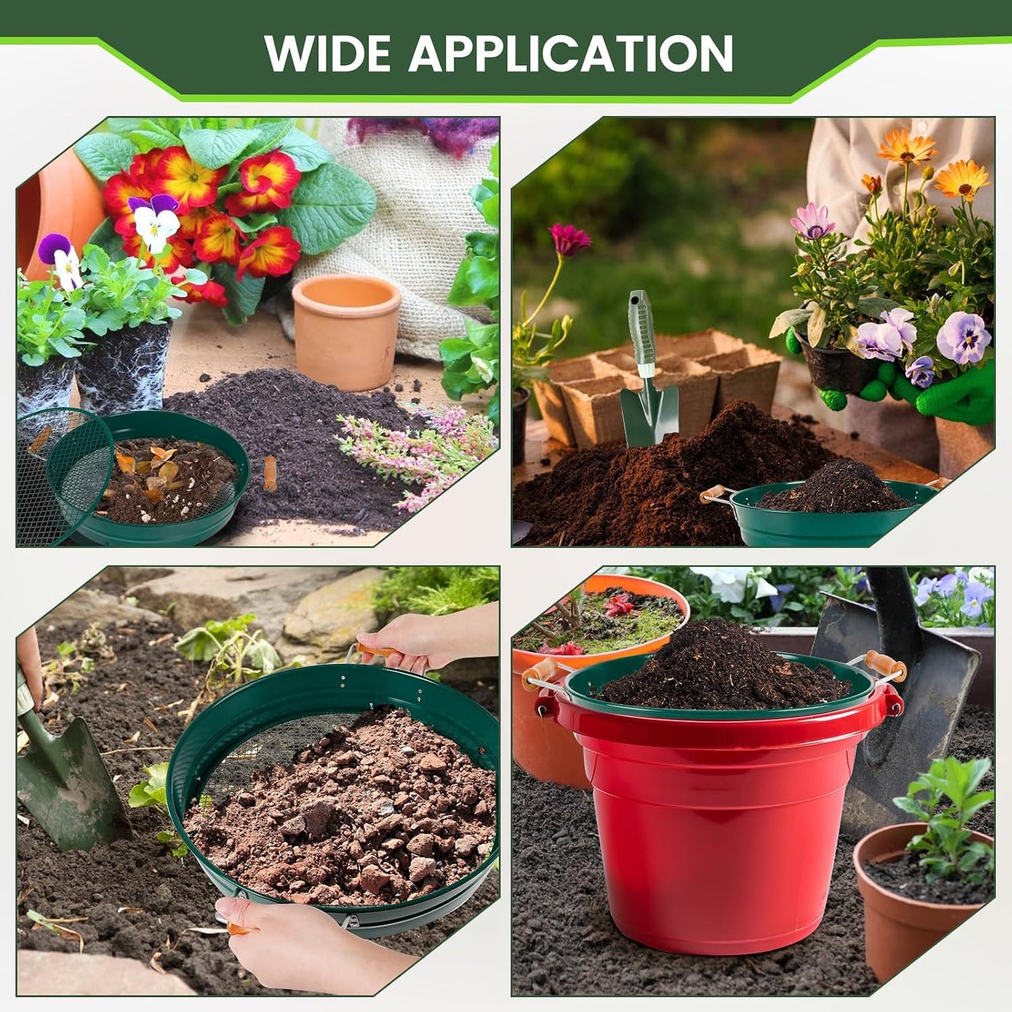 Large 14.57" Soil Sifter with 5 Interchangeable Stainless Steel Mesh Screens (1/3/6/9/12mm) + Stainless Steel Hand Trowel + Galvanized Garden Sieve for Compost, Sand, Gravel & Cat Litter (Silver)