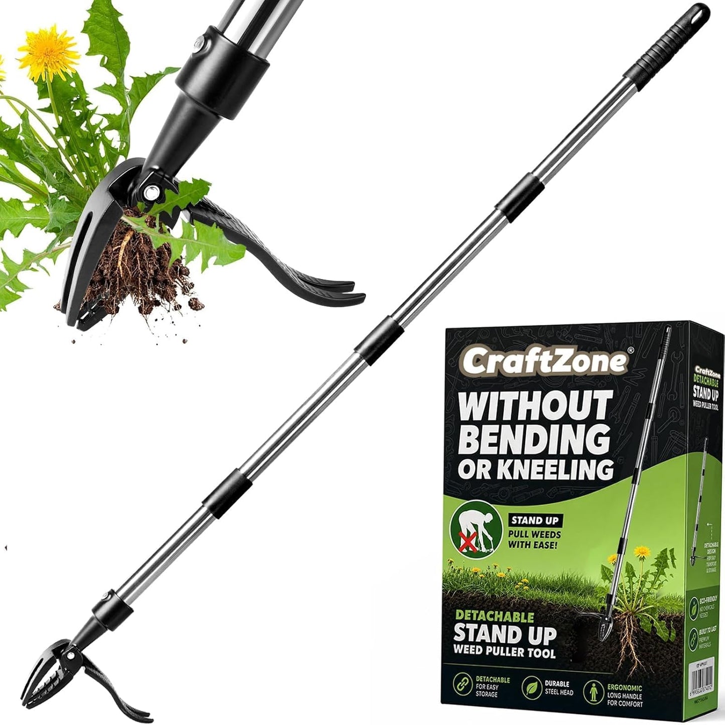 Weed Puller Stand Up Weed Puller Tool with Wooden Long Handle Foot Platform Design 4-Claw Steel Head & Removable 3-Section Pole Garden Tools-Easily Remove Weeds Without Bending or Kneeling