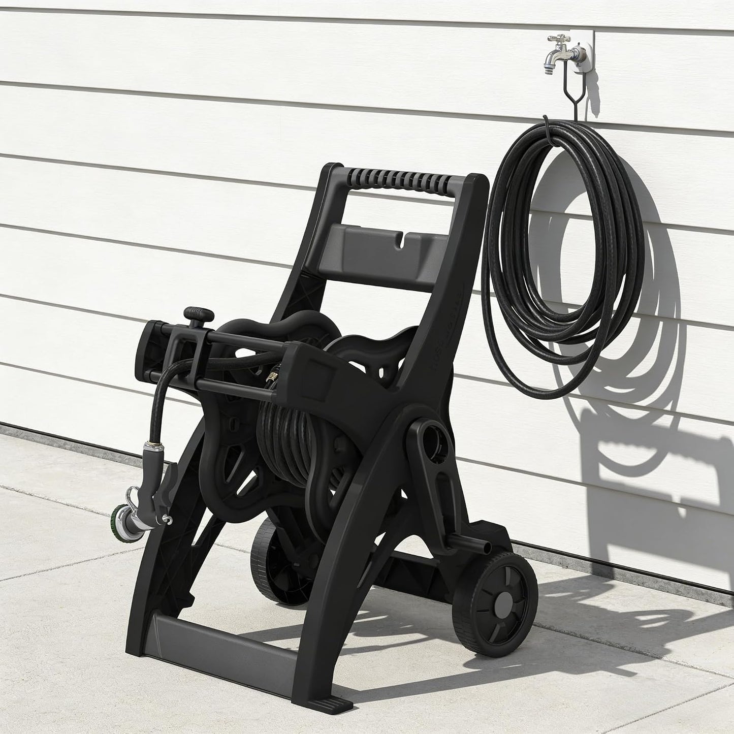 100FT Hose Reel Storage Box, Water Hose Holder,Compact Resin Garden Hose Reel, Mount Outdoor Organizer with Handle for Yard and Garden, Fits Standard 5/8-Inch Hoses, No Assembly Needed,Black