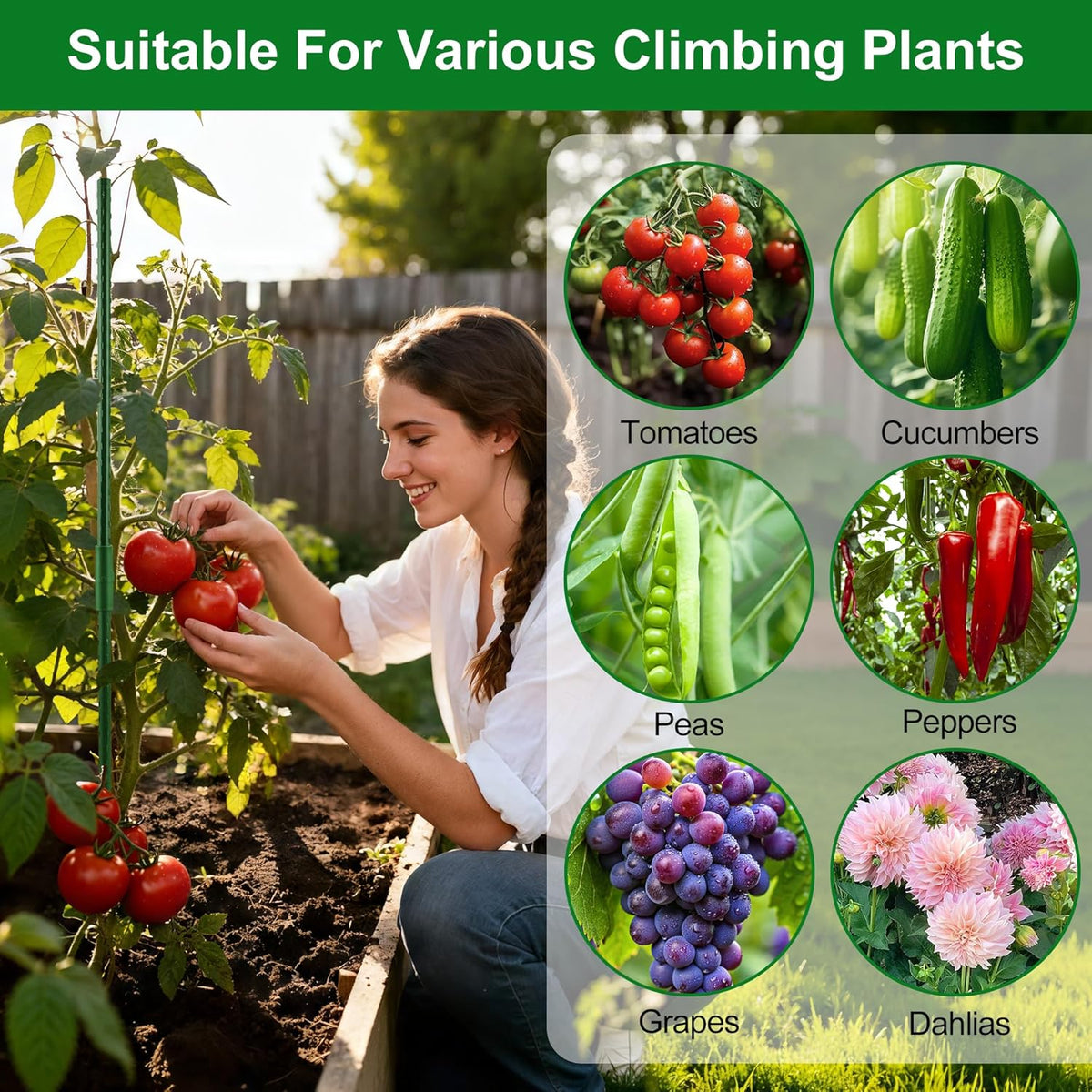 Garden Stakes16 Inch 48 Pack, Tomato cage DIY 4ft 5ft 6ft 7ft 8ft Plant Support Stakes with Connectors and Clips, Plastic Coated Metal Sticks for Tomato Indoor Outdoor