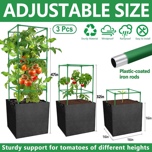 3 Packs 47 x 16 x 16 Inch Garden Tomato Cages with 17 Gallon Grow Bags- Square Plant Support Trellis Assembled with Planter Bags- Garden Cucumber Vegetables Frames for Vertical Climbing Plants