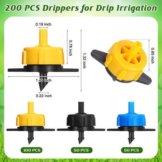 200 Pcs Drip Irrigation Emitters Kit, Pressure Compensating Drippers with 3 Size(0.5/1/2 GPH) & 3 Color for Garden Flower Bed Greenhouse Watering Drip Irrigation System (4.7mm Barb)