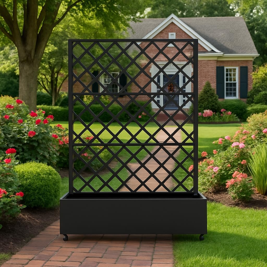 72"x35" Galvanized Raised Garden Bed with Diamond Trellis, 12" Deep Planter Box on Locking Wheels, Drainage Holes for Climbing Plants, Flowers, Patio, Balcony & Small Spaces, Black