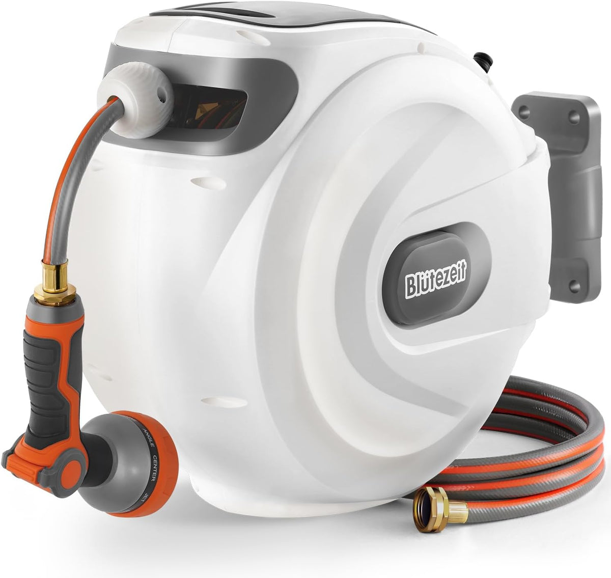 Blütezeit Retractable Garden Hose Reel, 1/2'' x 65ft Hose Reel Wall-Mount with 10-Function Spray Nozzle, Any Length Lock | 180° Swivel | Automatic Slow Rewind | Heavy Duty