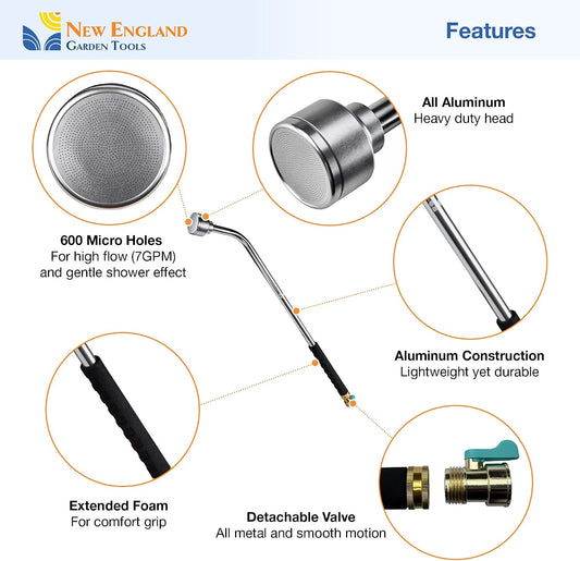 30 Inch Soft Rain Watering Wand 600003, Gentle Shower Spray, Heavy Duty Lightweight Metal Build, Comfort Grip, Flow Control Shut Off Valve, for Plants, Yards, Cars & Pets