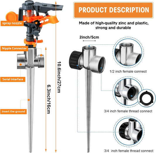 6 Pack Pulsating Sprinklers with Metal Spike, 360° Adjustable Rotating Impact Sprinkler Large Area Coverage Sprinklers for Yard Lawn Garden Above Ground Sprinkler System (Black and Orange)