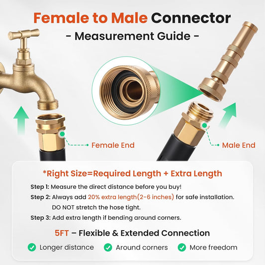 Short Garden Hose 5 feet, Metal Water Hose, Female to Male, 5ft, 5/8"