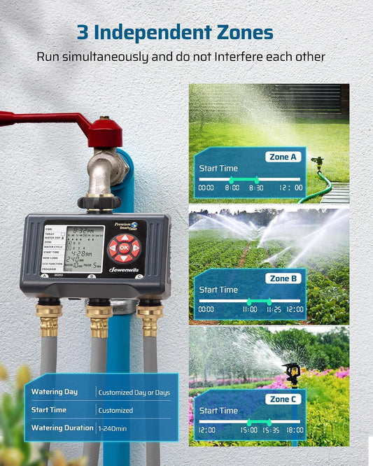 Water Timer 3 Zone with Automatic/Rain Delay/Manual Mode