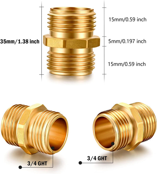 Solid brass Garden Hose Fittings Connectors Adapter Heavy Duty Brass Repair double male to male faucet leader coupler dual water hose connector(3/4" GHT Double Male) 2 Pcs