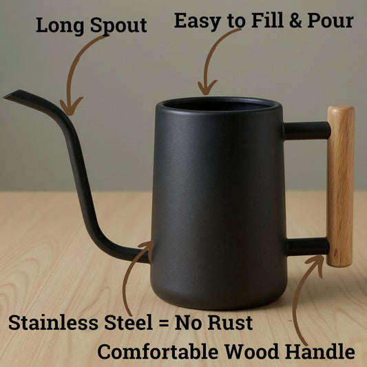 Metal Small Indoor Watering Can with Long Spout & Real Wood Handle, 35oz