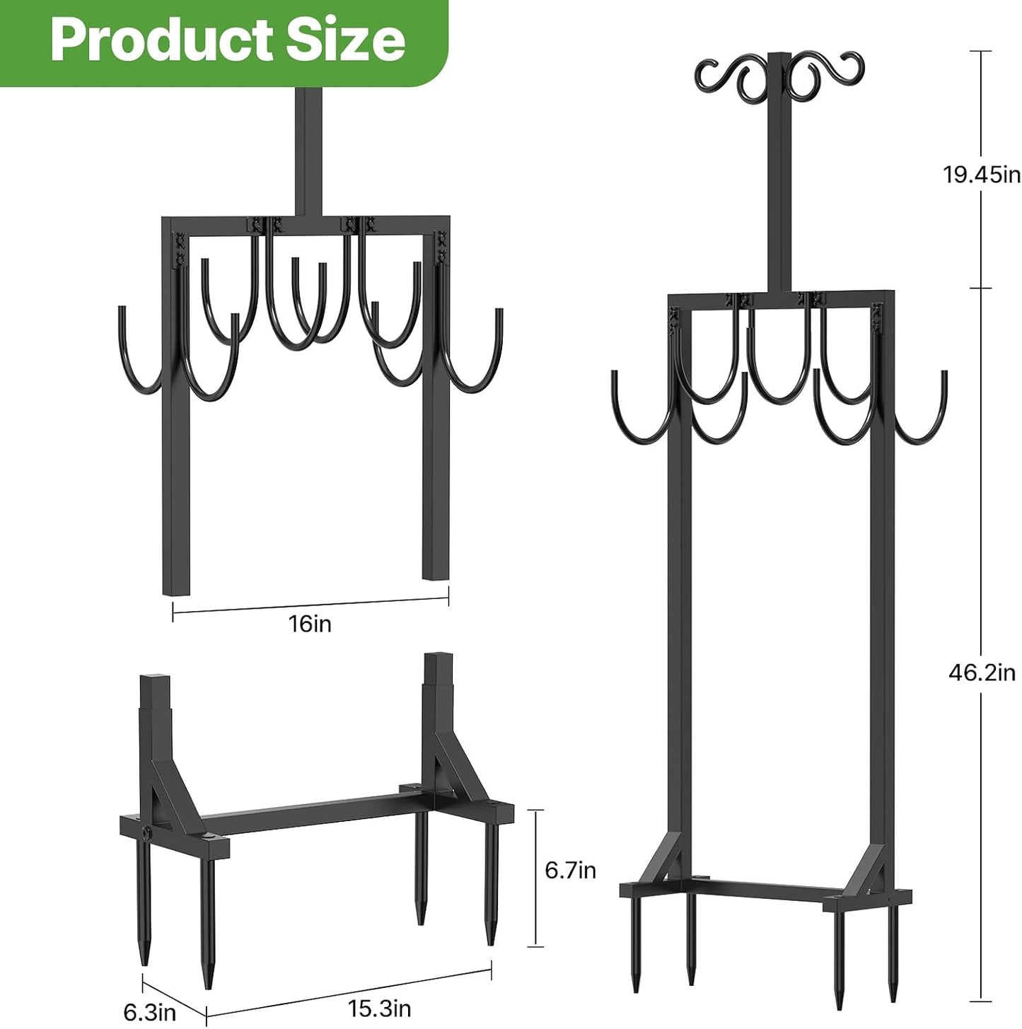 Heavy Duty Garden Hose Holder for Outside - Dual Side Hooks & Shepherd Hook - Freestanding Water Hose Holder - Holds Bird Feeders/Lights/Plants - Sturdy Hose Reel for Outside