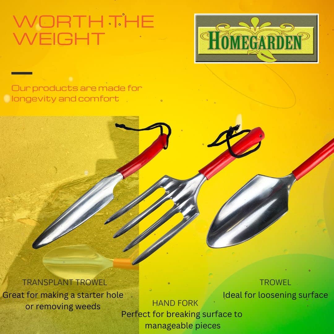 Deluxe Gardening Hand Tool Set | 3-Piece Collection | Hand Fork, Trowel & Transplant Trowel | Steel Finish with Vibrant Red Handles