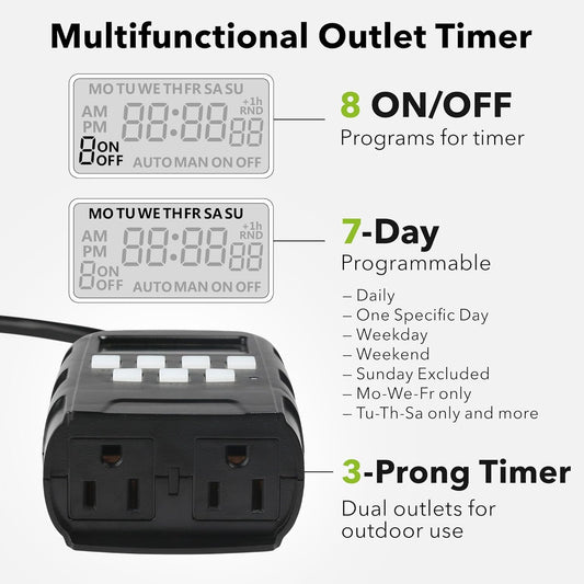 Outdoor 7-Day Programmable Timer Outlet, 2 Outlets