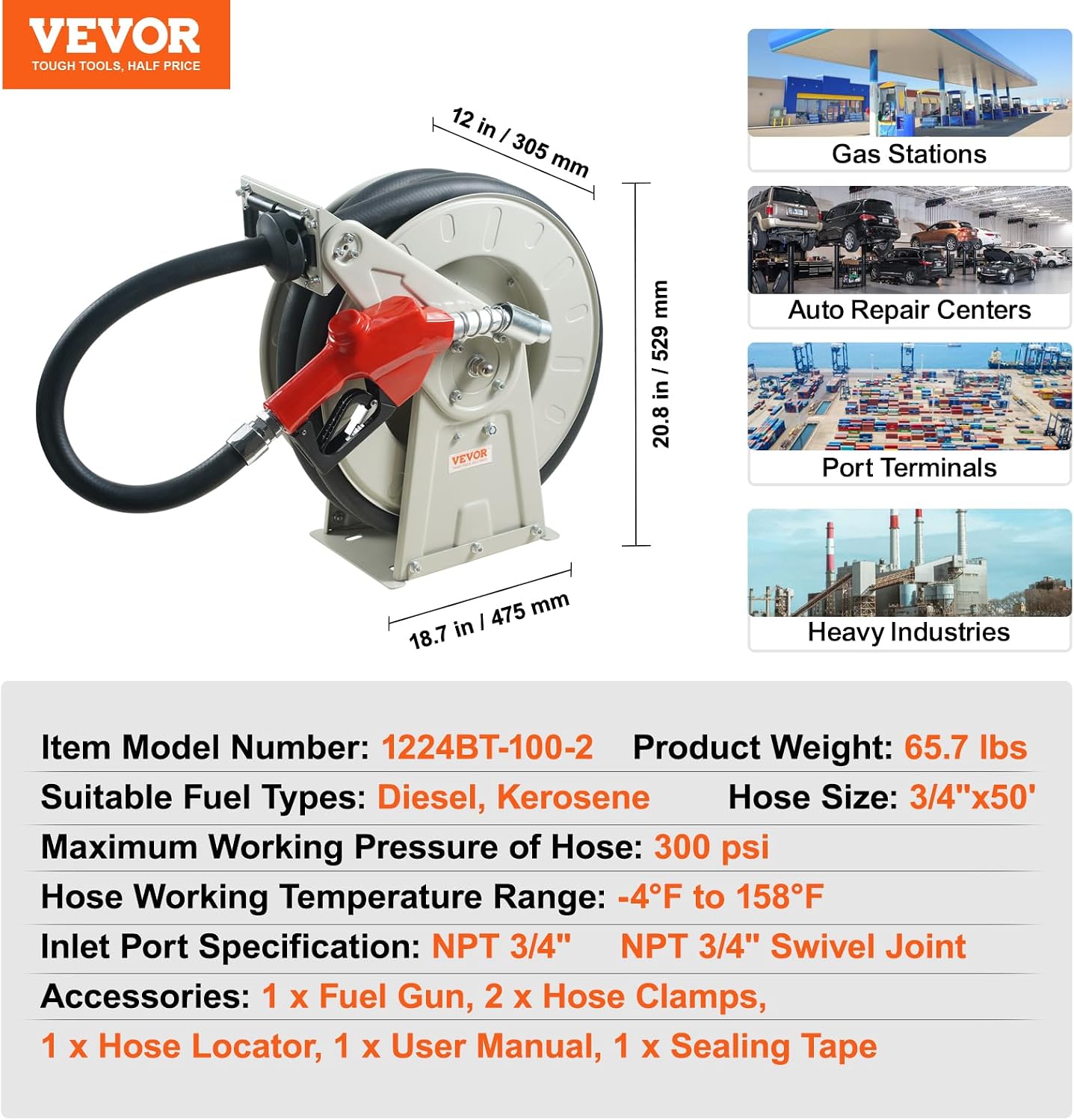 Fuel Hose Reel, 3/4 inch x 66 ft Retractable, Spring Driven Auto Swivel Rewind, 300 PSI, Heavy-Duty Carbon Steel Construction with Industrial Grade Rubber Hose, for Diesel Fuel, Kerosene