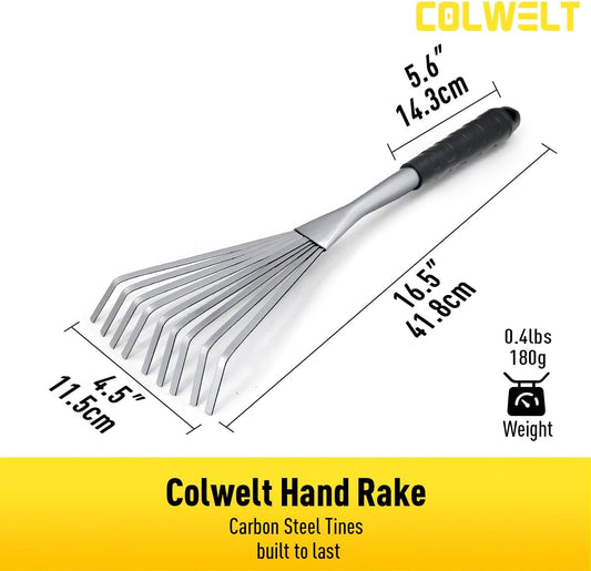 Hand Rake 16.5", Small Rake for Gardening with 9 Resilient Flat Tines, Metal Mini Rake with Hanging Hole for Storage, Hand Fan Rake for Leaves, Loosening Soil, Spreading Mulch, Flower Beds