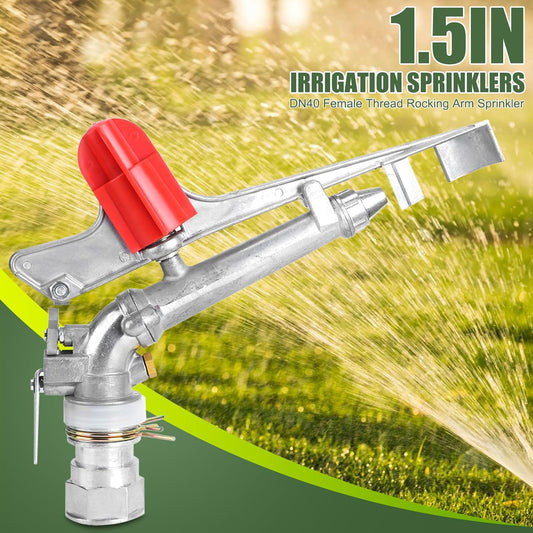 1.5in DN40 High Pressure Impact Rain Gun Sprinkler, with Dual Nozzle, Adjustable 360 Degree Automatic Rotating, for Covering Large Areas, Agriculture Field Crop Irrigation