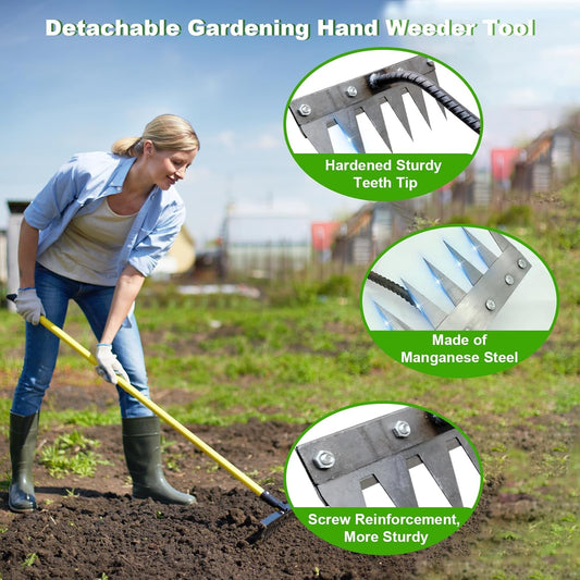 Garden Weeding Rake, Upgraded Detachable Weeder Puller Tool, Manganese Steel Iron Weeding Rakes for Weeding, Yard, Farm... (6 Tines)