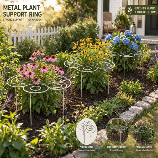 Metal Plant Support Ring for Garden, Peony Cage Stand, Indoor Pots, Flower Hoop, Decorative Grow Through Rings, Stackable Houseplant Stake, Dahlia Cage, Outdoor Orchid Clip(2PCS,Large)