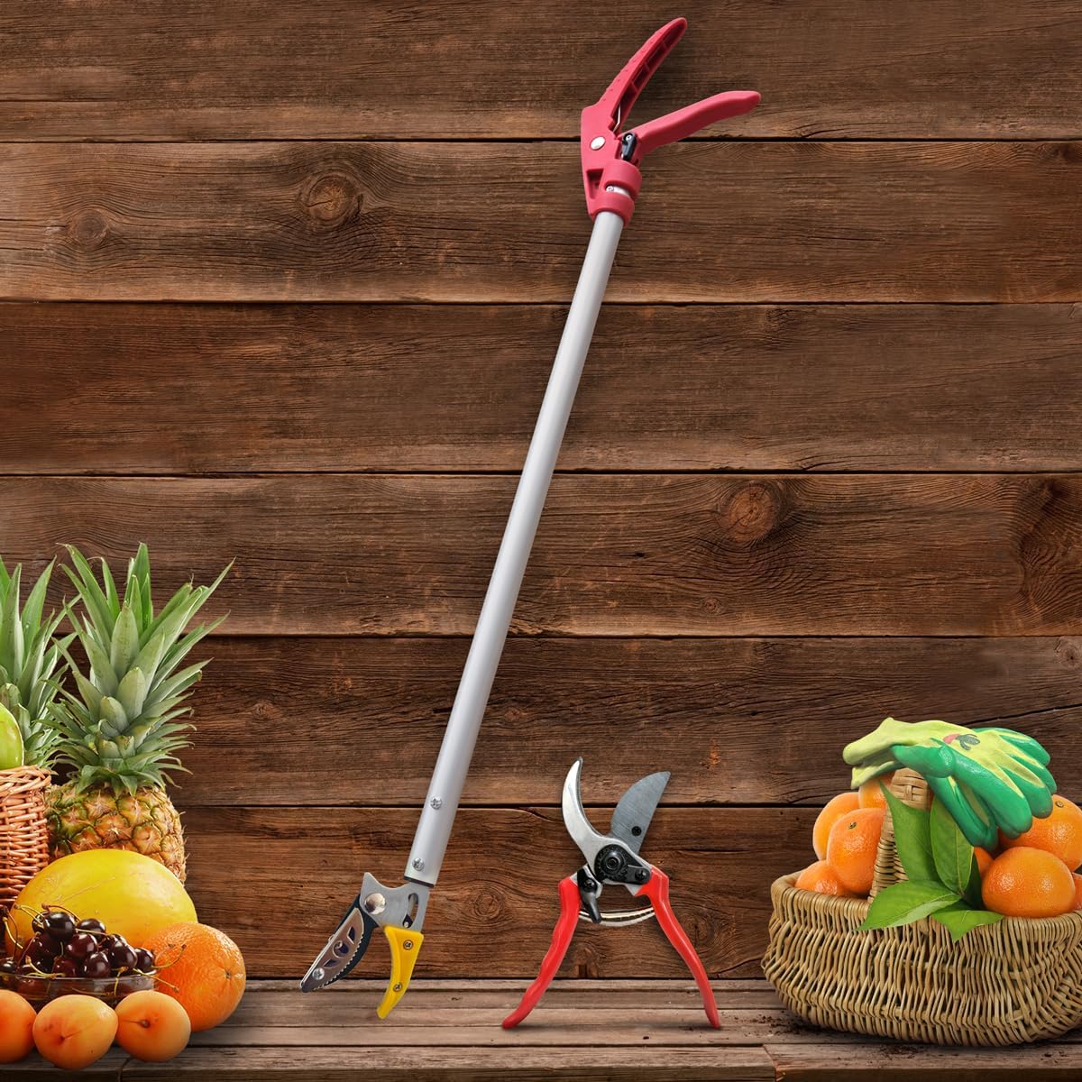 Cut and Hold Pruner Set, Lightweight 32-Inch Long Reach Pruner One-Handed Operation, Hold Long Reach Cut Rotating, 8.3" Hand Pruner for Branch Pruning, Fruit Picking, Prickly Plants & Roses