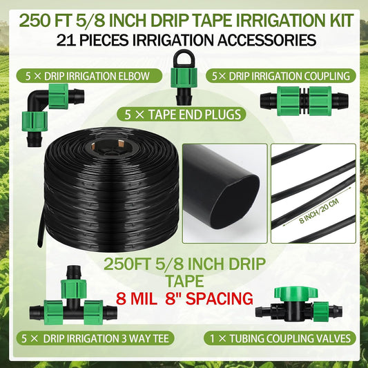 250 ft 5/8 Inch Drip Tape Irrigation Kit Drip Tape 8 Mil 8" Spacing Hose Garden Watering Tubing System Automatic Irrigation Equipment for Plant, Landscape, Yard, Lawn and Farm