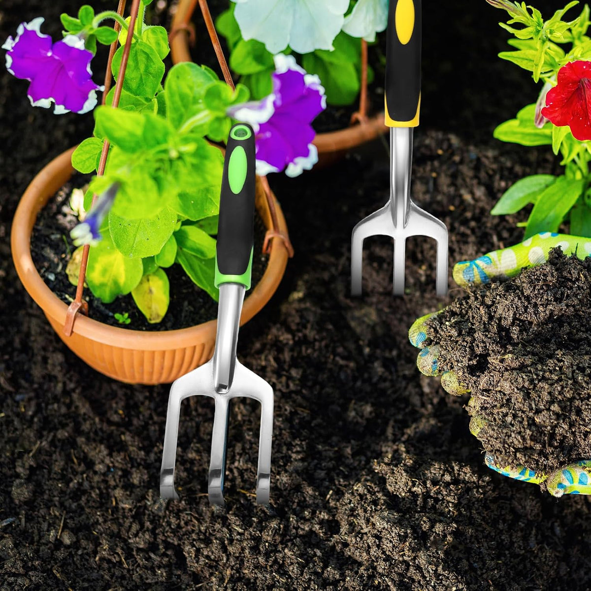 24 Pcs Hand Rake Garden Tool Mini Heavy Duty Garden Cultivator 11 Inch Small Rakes Gardening Aluminum Alloy Hand Tiller with Handle for Digging Weeding Loose Soil
