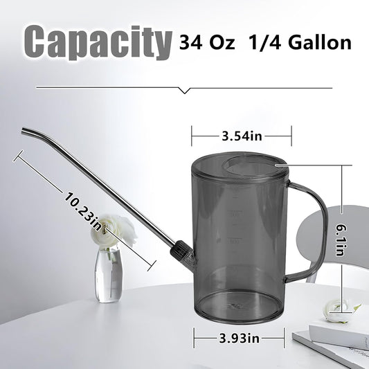 Plastic Watering Can - Small with Long Spout - 1/4 Gallon - 34 Oz - Grey