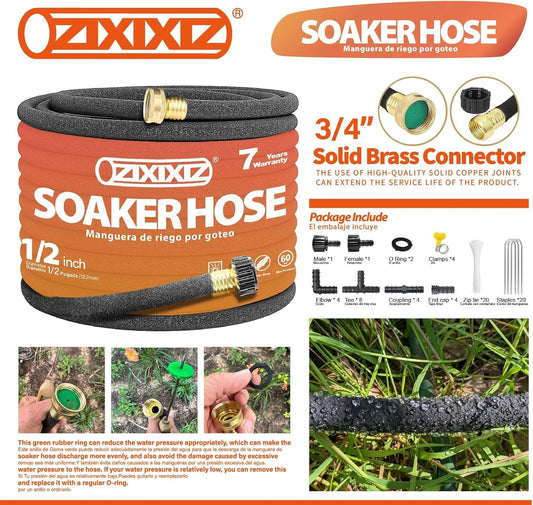 100FT Heavy-Duty 1/2 Inch Soaker Hose with 3/4 Inch Solid Brass Connector - Leakproof Garden Watering System for Gardens, Lawns, Flower & Vegetable Beds