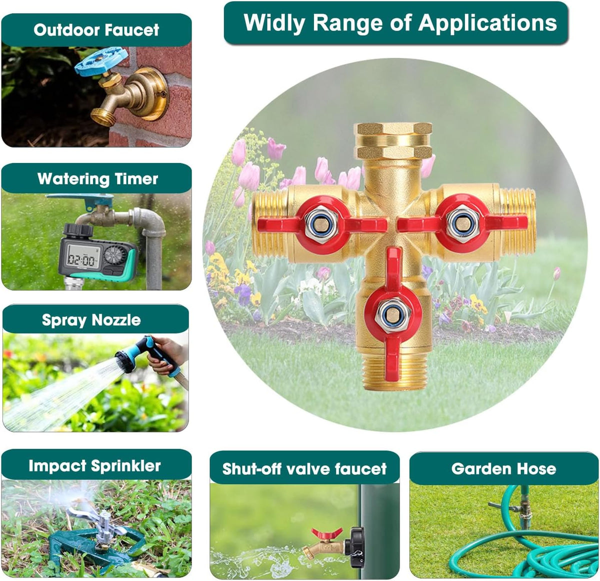 Brass Garden Hose Splitter 2 Way Heavy Duty, Y Valve Hose Splitter With Stainless Steel Long Handle, 3/4" GHT Thread Y Valve Water Garden Hose Tap Adapter