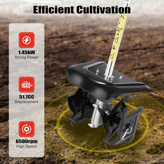 Mini Garden Tiller Cultivator, 51.7CC 2-Stroke 6500RPM Gas Powered Tiller Soil Cultivator with Long Handle, Garden Rototiller for Ploughing, Furrowing, Weeding