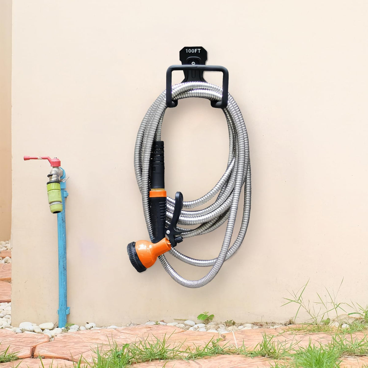 Garden Hose 75FT Stainless Steel Water Hose with 10 Functions Adjustable Spray Nozzle, Heavy-Duty Metal Garden Hose Flexible Durable No-Tangle & Kink Leak Dog Proof Hose for Yard Lawn(Orange)