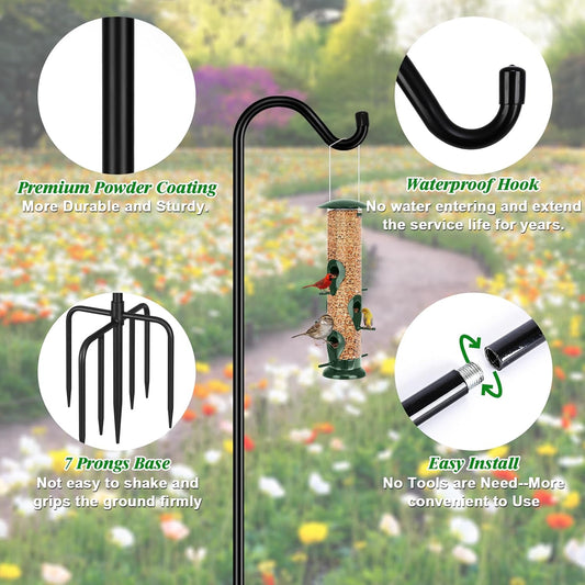 76'' Bird Feeder Pole, Heavy Duty Shepherds Hooks for Outdoor with 7-Prong Base, Adjustable Shepherds Hook for Hummingbird Feeder, Lanterns, Plants, Wedding Decor (1 Pack)