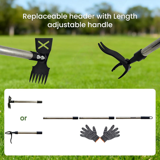2 in 1 Stand Up Weed Puller Tool, Adjustable Bamboo Long Handle Weeder with 4-Claw Remover & 6-Tine Garden Hoe Rake, Detachable Extendable Gardening Tool for Yard Lawn Soil Loosening Planting
