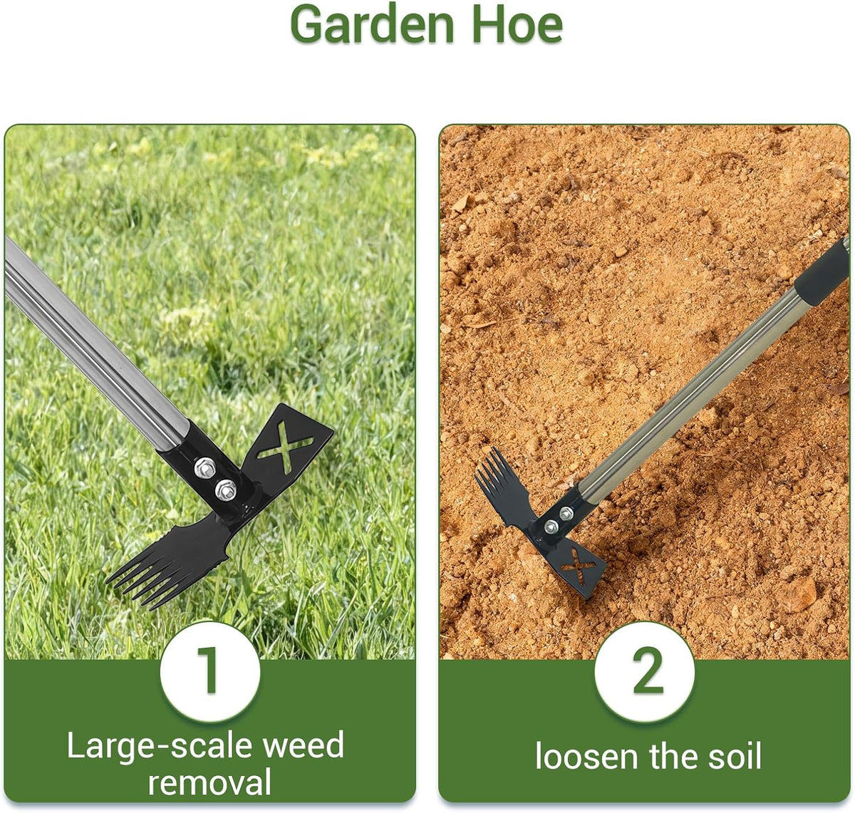 2 in 1 Stand Up Weed Puller Tool, Adjustable Bamboo Long Handle Weeder with 4-Claw Remover & 6-Tine Garden Hoe Rake, Detachable Extendable Gardening Tool for Yard Lawn Soil Loosening Planting