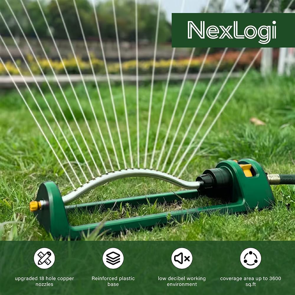 Lawn Sprinkler, 18 Brass Nozzles Garden Water Oscillating Sprinkler for Yard Covers up to 3,600 sq.ft, Heavy Weight Base, Built-in Spray Jet Cleaning Needle, Green, Yellow