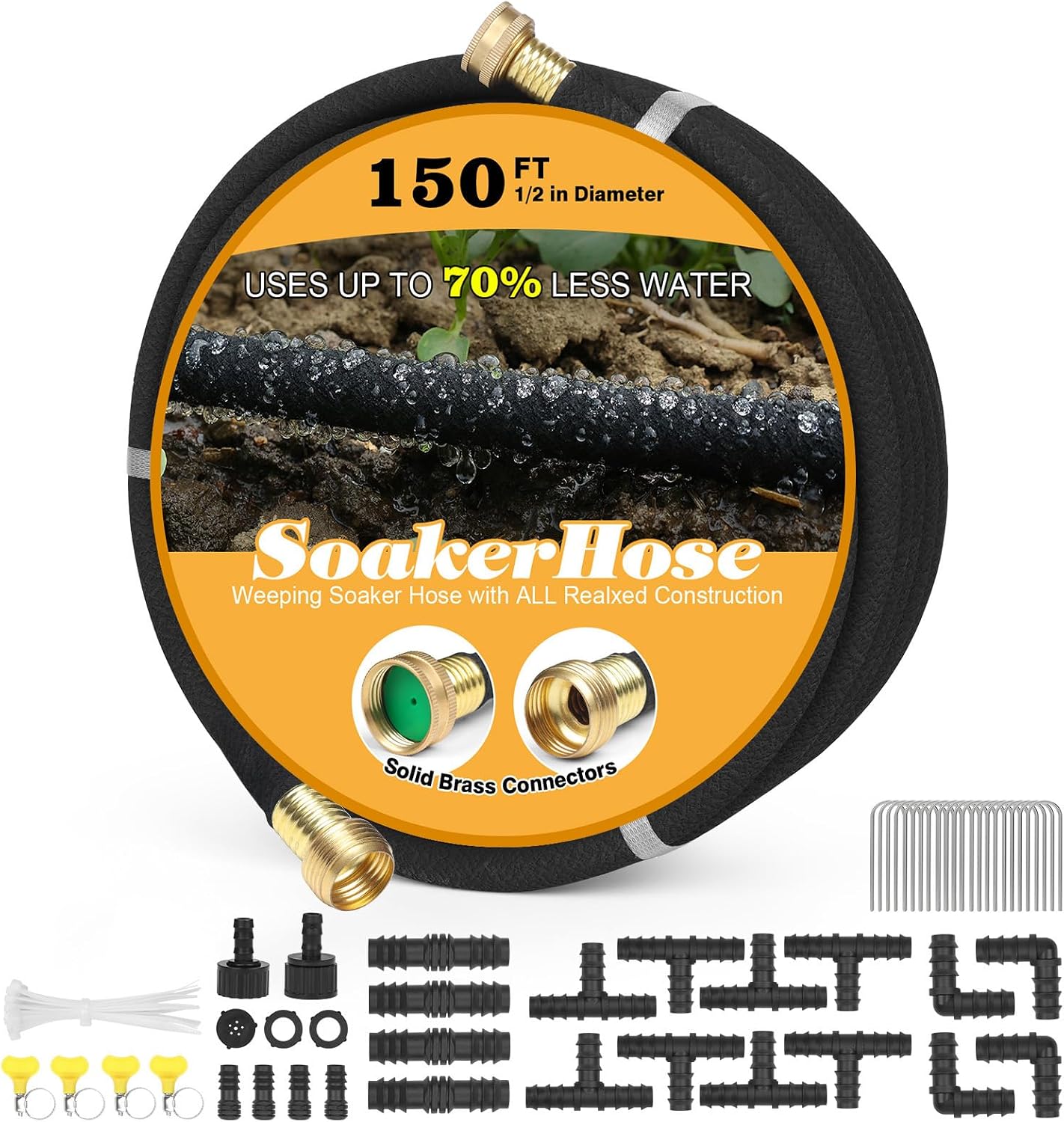 Soaker Hose 10 ft for Garden Beds, Solid Brass Interface Irrigation Save 70% Water Heavy Duty Rubber 1/2" Diameter Great for Gardens/Flower Beds