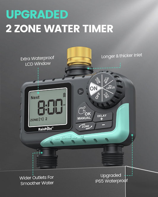 Sprinkler Timer 2 Outlet, Water Timer for Garden Hose, Programmable Drip Irrigation for Yard Outdoor Watering, Rain Delay/Manual/Automatic