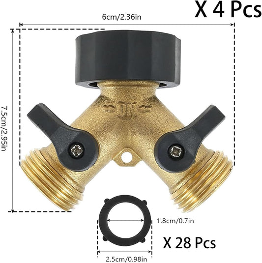 4 Pack Garden Hose Splitter 2 Way, 3/4" Thread, with 28 Rubber Washers
