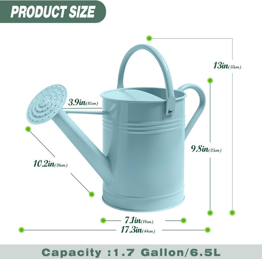6.5L Blue Metal Watering Can for Outdoor & Indoor Plants, Galvanized Steel Metal Water Can with Removable Spout, Movable Top Handle, Rust-Resistant Watering Pot for Garden, Lawn, Flowers