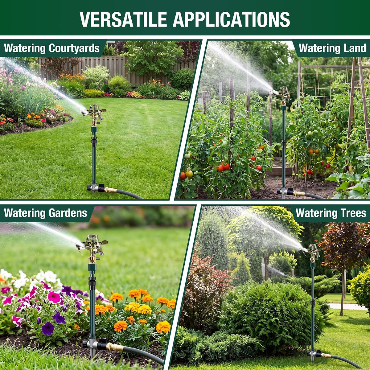 Impact Pulsating Sprinkler with 16-30" Adjustable Aluminum Sprinkler Riser, Heavy Duty Water Sprinklers Head with Aluminum Alloy Spike Base, Pulsating Sprinklers for Large Area Lawn Patio Garden