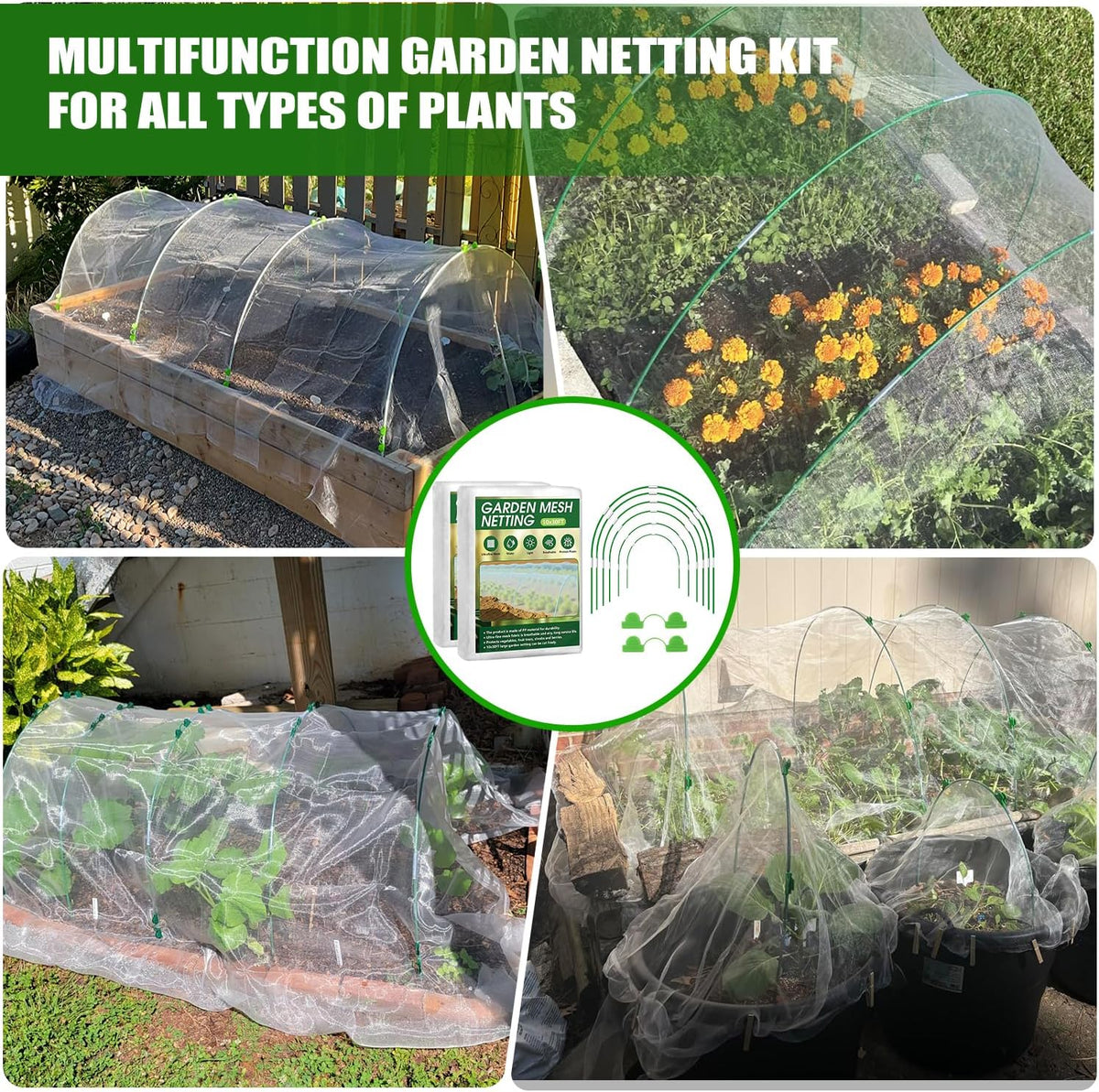 Garden Mesh Netting Kit, 10x30FT Black Ultra Fine Netting & 6 Sets 8FT Fiberglass Garden Hoops, Garden Netting with Frame for Raised Beds, Garden Hoops and Netting for Row Cover, Plant Insect Barrier