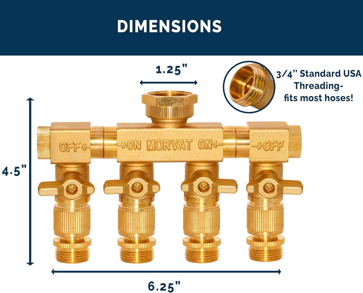 4 Way Splitter with Rotating Arms, Heavy Duty Brass Garden Hose Manifold Connector with Comfort Rubber Grip ON/OFF, Adapter for Water Faucet Tap & Spigot, 8 Extra Washers & Teflon Tape