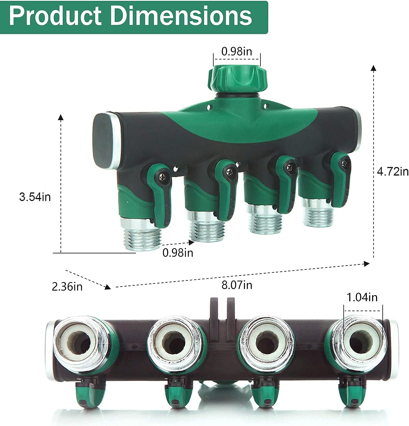Garden Hose Splitter 4 Way - 3/4 Inch Heavy Duty Metal Water Faucet Splitter with Shut Off Valves 4 Way Leakproof Hose Connectors with Comfortable Rubberized Grip for Gardening Hoses 5 Washers