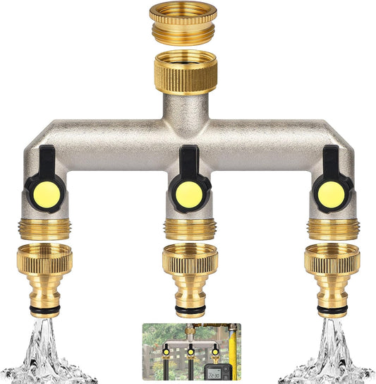 Garden Hose Splitter, 3/4" Water Hose Splitter 3 Way Heavy Duty with 3 Black Handle, Brass Nickel Plated Outdoor Faucet Splitter Water Spigot Splitter Manifold Rust and Freeze Resistant